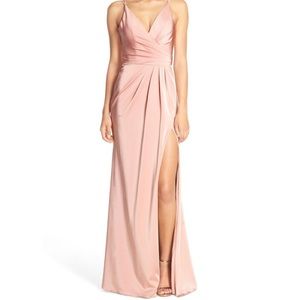 Faviana Couture faille satin draped gown